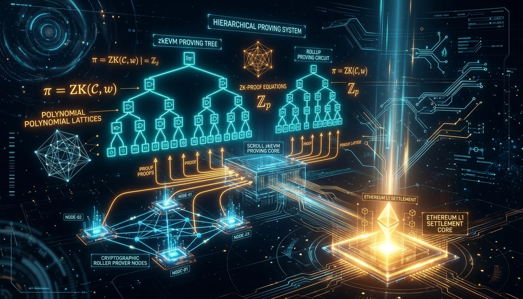 Scroll zkEVM Architecture: Hierarchical Zero-Knowledge Proving, Roller Network, and L1 Settlement Pipeline - architectural visualization